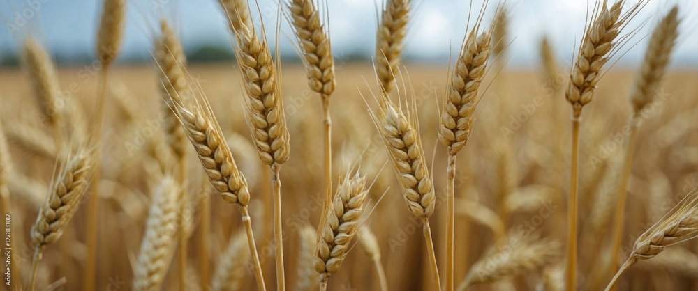 Fototapeta premium Close-up view of golden wheat stalks in a field with a cloudy sky in the background during late summer season.