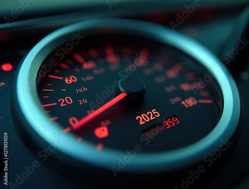 Speedometer with 2025. Concept of the new year and Christmas in the automotive field. Counting months, time until the new year