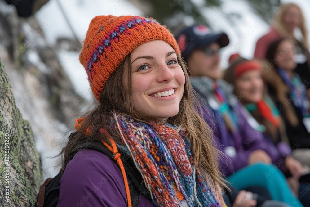 Smiling young woman in orange hat enjoying a group outdoor adventure in the mountains during winter Smiling young woman in orange hat enjoying a group outdoor adventure in the mountains during winter
