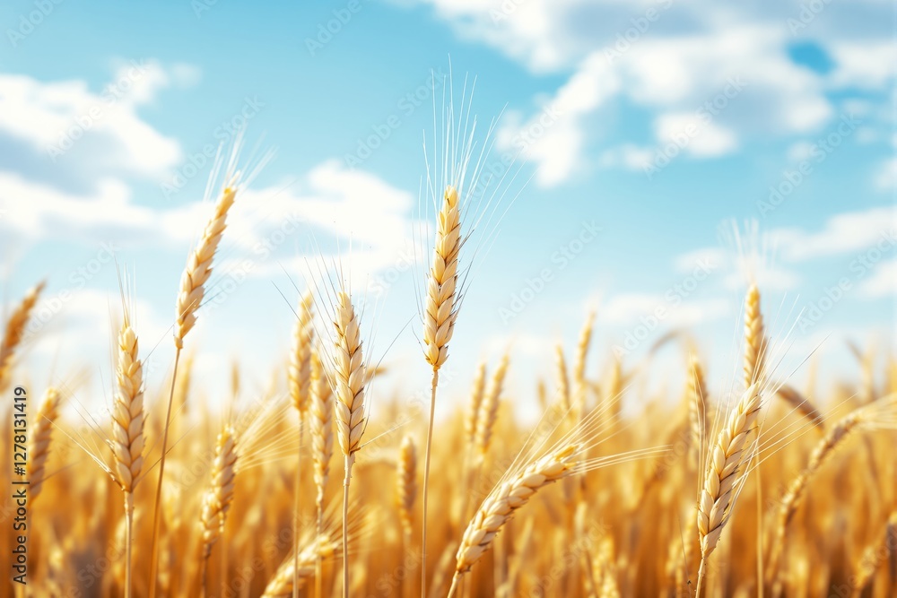 Close-up of golden wheat field under a bright blue sky with soft clouds. Close-up of golden wheat field under a bright blue sky with soft clouds.