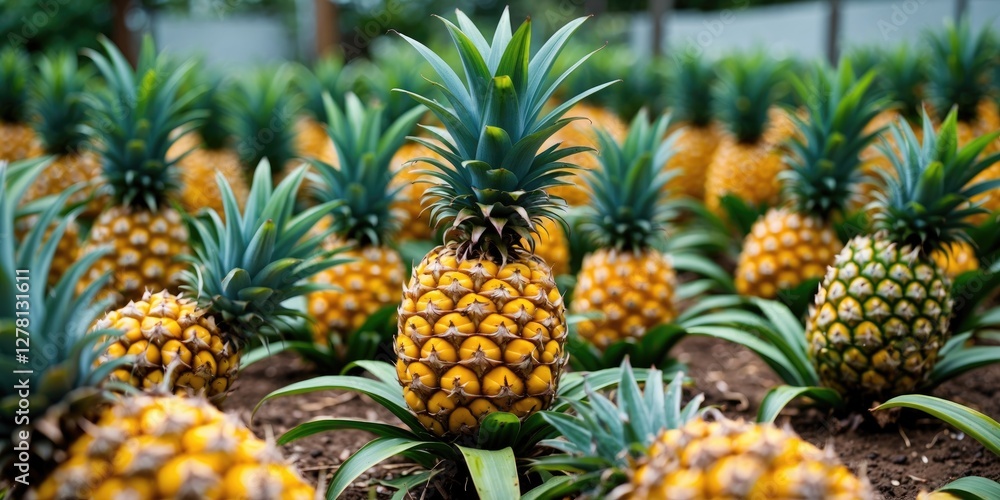 Pineapple plantation with multiple ripe pineapples growing in rows surrounded by green leaves in a sunny tropical environment. Pineapple plantation with multiple ripe pineapples growing in rows surrounded by green leaves in a sunny tropical environment.