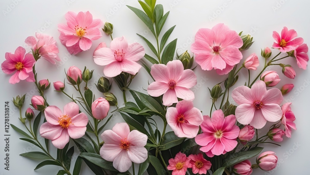 Pink flowers arrangement with leaves on a light background, featuring various blooms in soft hues and delicate petals. Pink flowers arrangement with leaves on a light background, featuring various blooms in soft hues and delicate petals.