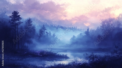 Misty Forest Lake Scene With Trees and Blue Purple Hues
