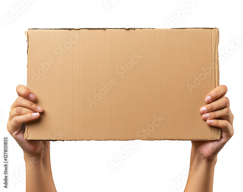 Close up of hands holding a cardboard sign isolated on white background.PNG
