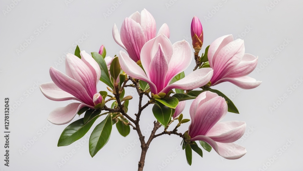 Pink magnolia flowers with green leaves on a branch isolated on light background. Floral arrangement with open and closed blossoms. Pink magnolia flowers with green leaves on a branch isolated on light background. Floral arrangement with open and closed blossoms.