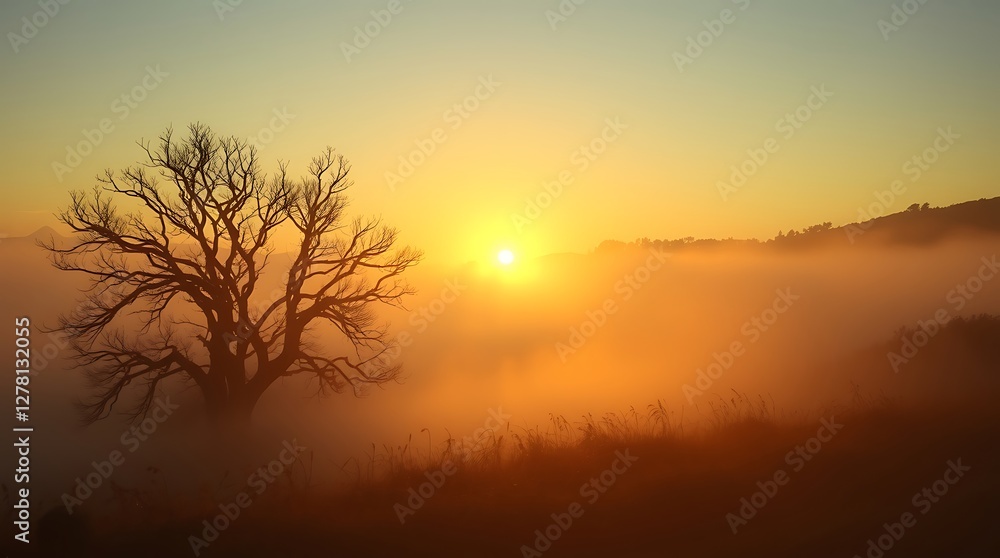 Golden Sunrise Through Fog with Silhouette of Tree, Capturing Tranquility and Nature. Golden Sunrise Through Fog with Silhouette of Tree, Capturing Tranquility and Nature.