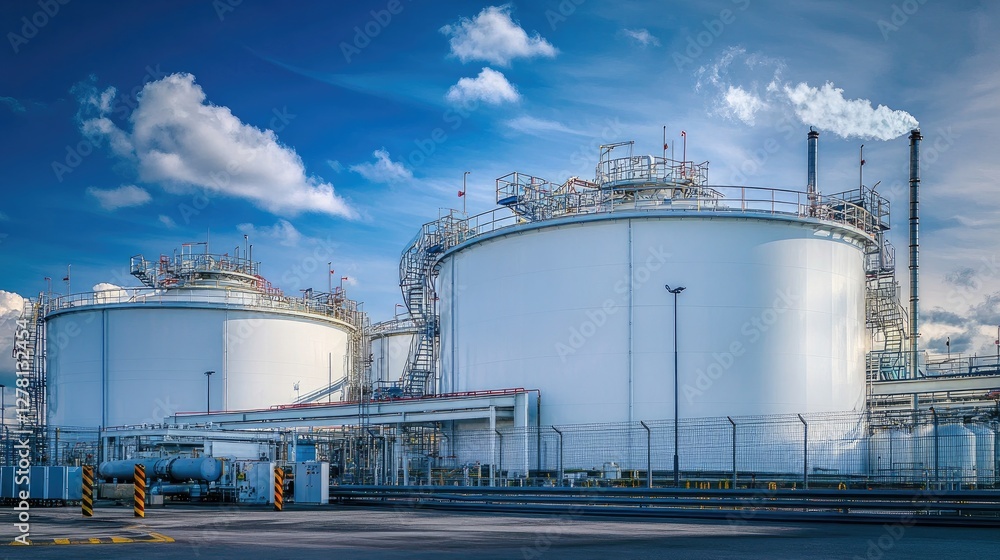 A white storage tank complex with safety railings and industrial hazard warning lights. A white storage tank complex with safety railings and industrial hazard warning lights.