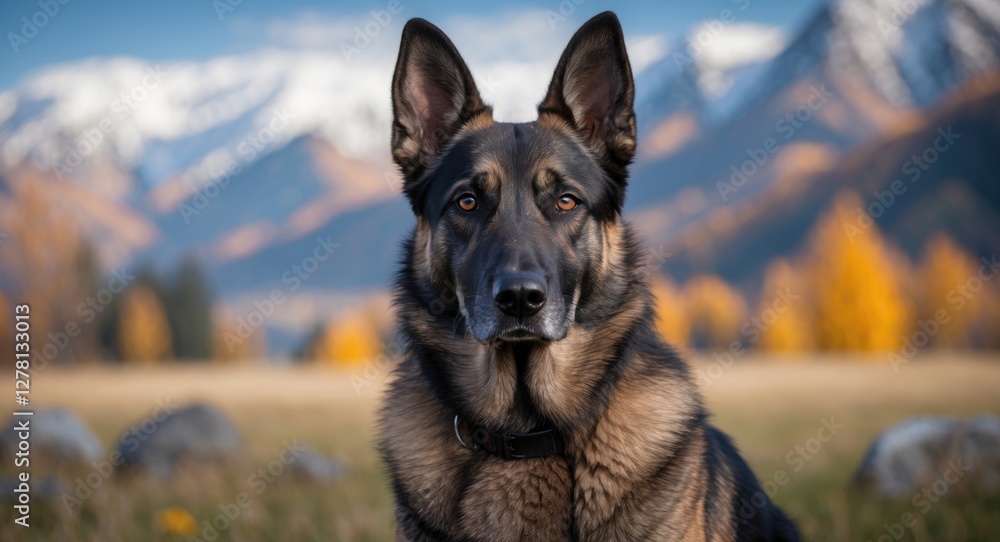 German Shepherd dog sitting in a meadow with mountains and autumn trees in the background during daytime. German Shepherd dog sitting in a meadow with mountains and autumn trees in the background during daytime.