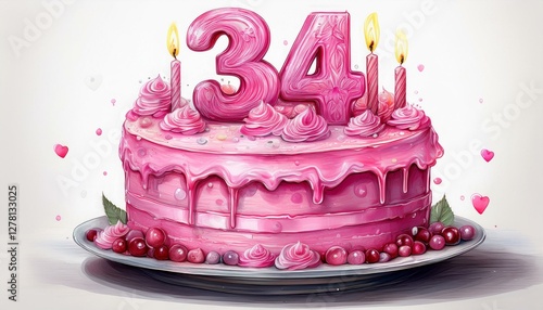 Wallpaper Mural Illustration of decorated pink cake for birthday or anniversary party. Number 34, thirty-fourth birthday celebration Torontodigital.ca