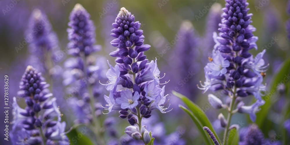 Fototapeta premium Purple flowering plants with elongated blossoms in a natural setting, surrounded by green foliage and blurred background.