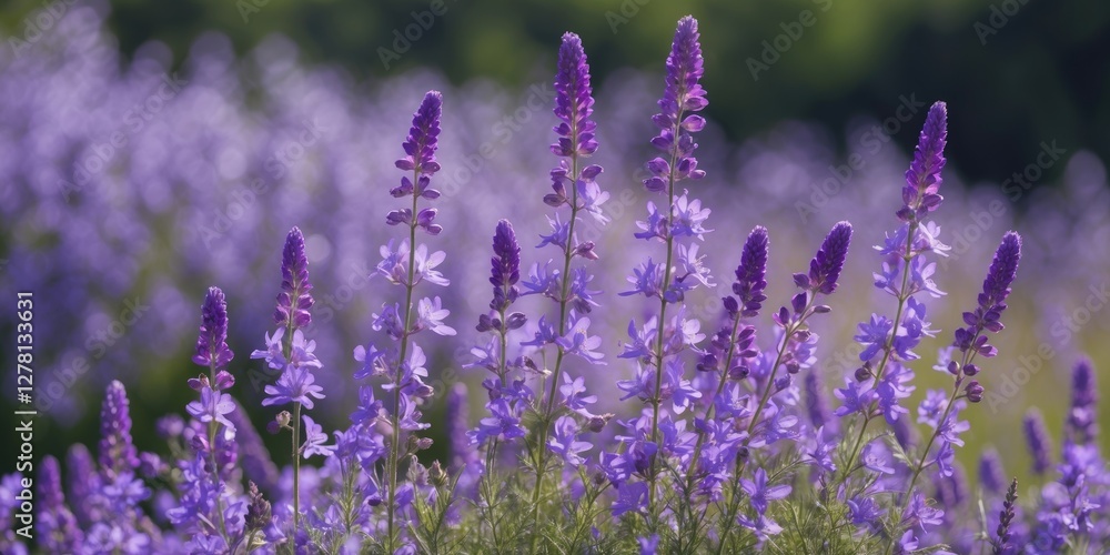 Fototapeta premium Purple wildflowers in a lush field during daylight with blurred background and vibrant colors capturing nature's beauty.