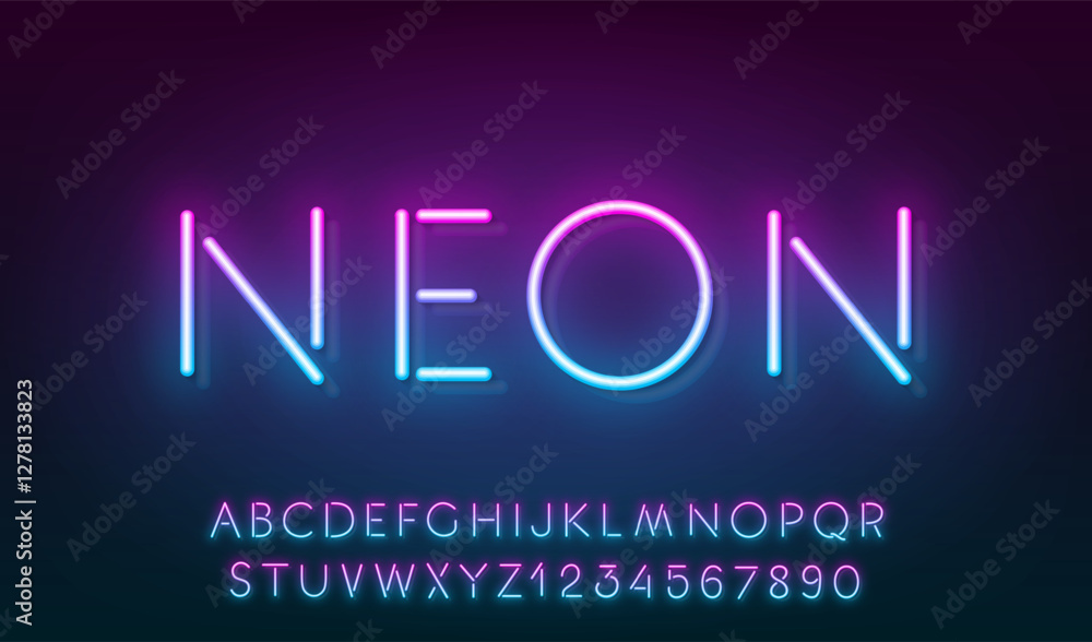 Obraz premium Pink Blue Gradient Neon Reflection font on dark background. Light glow letter and numbers for text sign.
