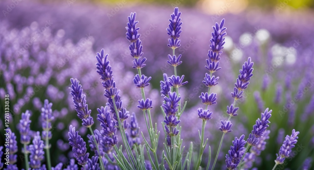 Obraz premium Lavender flowers in full bloom with lush green foliage in a vibrant field during sunny daylight. Captivating natural landscape scene.