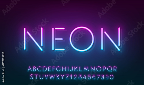 Pink Blue Gradient Neon Reflection font on dark background. Light glow letter and numbers for text sign.