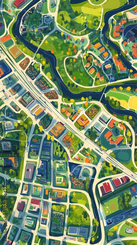 Obraz premium Vibrant Cityscape Aerial Map Illustration