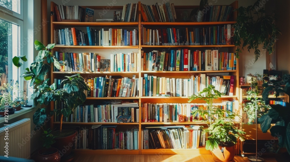 A wooden bookshelf filled with an assortment of colorful hardcover books in a cozy reading corner. A wooden bookshelf filled with an assortment of colorful hardcover books in a cozy reading corner.
