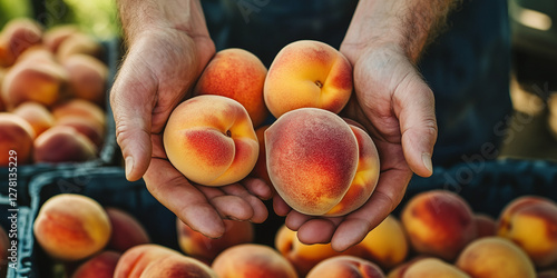 Close-up of a farmer's hands comparing freshly picked peaches