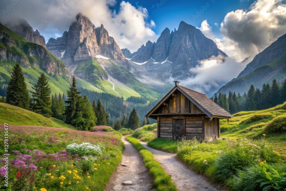 Serene Mountain Valley Path Leading to Rustic Cabin Nestled Amongst Wildflowers and Majestic Peaks Serene Mountain Valley Path Leading to Rustic Cabin Nestled Amongst Wildflowers and Majestic Peaks