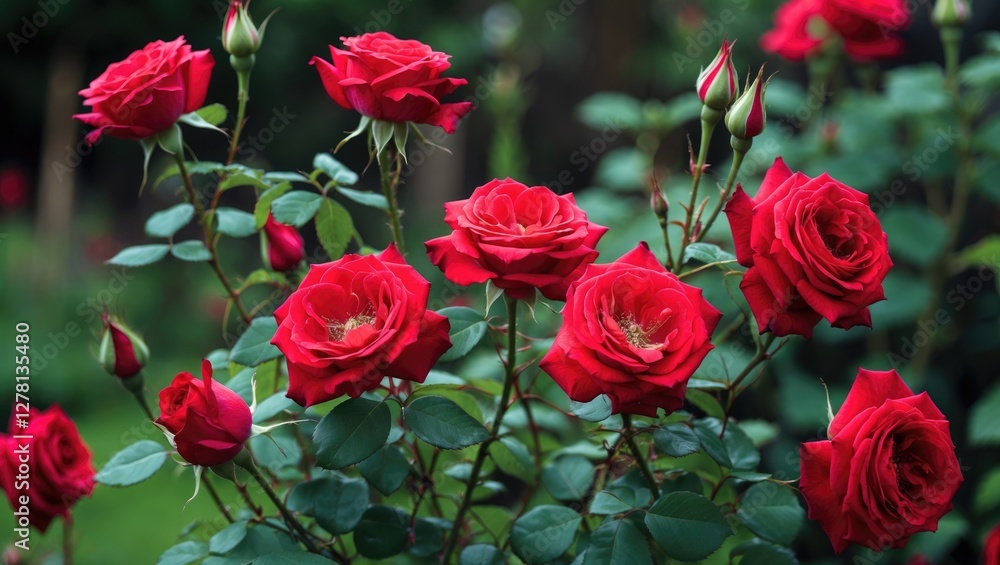 Fototapeta premium Vibrant red roses in full bloom with green leaves and buds in a lush garden setting during daylight.