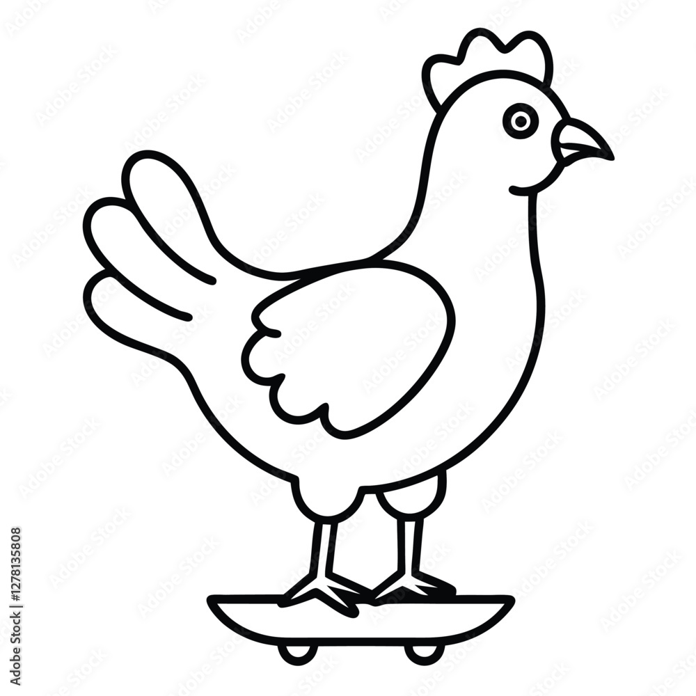 A clean, black line art illustration of a chicken standing confidently on a skateboard, isolated on a solid white background. A clean, black line art illustration of a chicken standing confidently on a skateboard, isolated on a solid white background.
