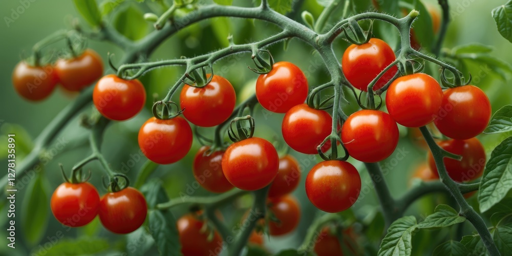 Fresh ripe cherry tomatoes on the vine in a garden setting with green foliage in the background. Fresh ripe cherry tomatoes on the vine in a garden setting with green foliage in the background.