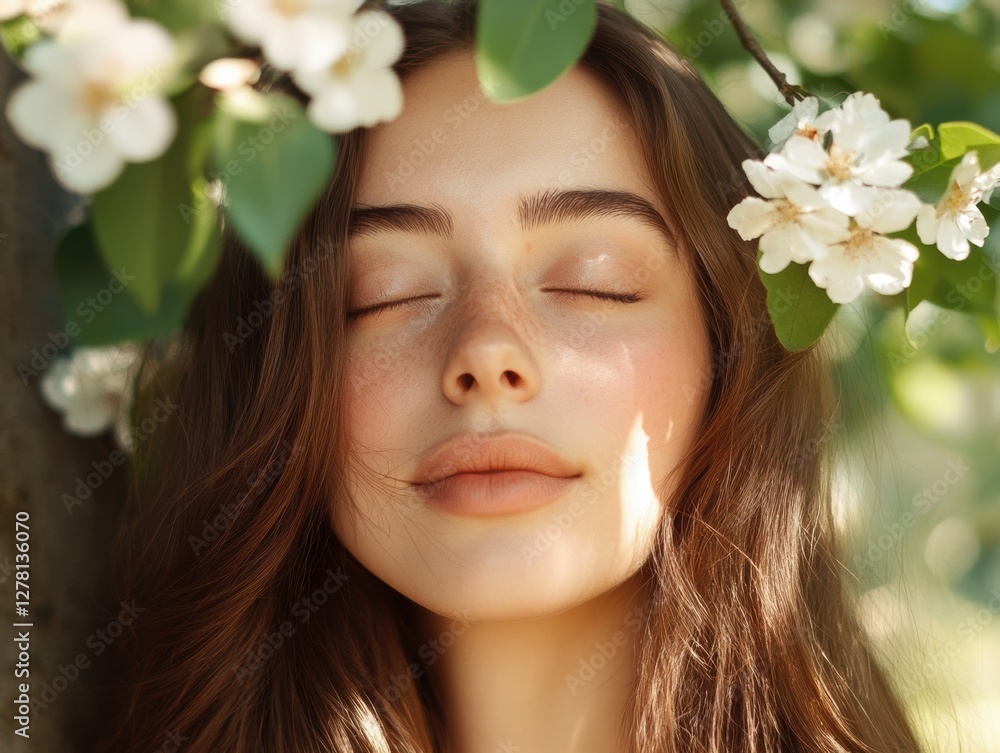 A serene woman with closed eyes enjoys the warmth of sunlight while surrounded by blooming white flowers.
A serene woman with closed eyes enjoys the warmth of sunlight while surrounded by blooming white flowers.