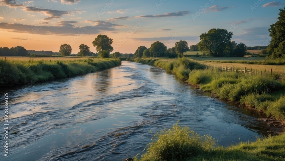 Obraz premium Tranquil river landscape at sunset with lush greenery and calm waters reflecting the sky in a rural setting