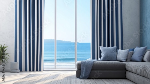 Classic blue and white striped curtains framing a large coastal-style window.