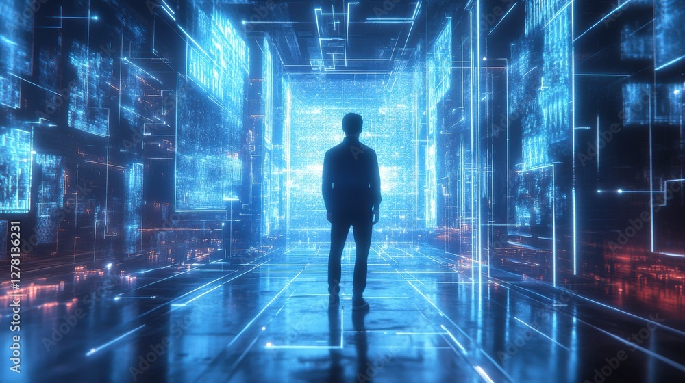 Curious Young Man Exploring 3D VR Spaces Curious Young Man Exploring 3D VR Spaces