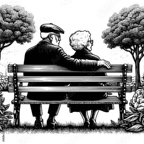 Old couple of seniors sitting on a bench in a park together