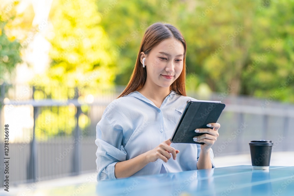 Beautiful Asian Woman Wearing Earbuds Using Tablet Outdoors a Greenery Office Building Beautiful Asian Woman Wearing Earbuds Using Tablet Outdoors a Greenery Office Building