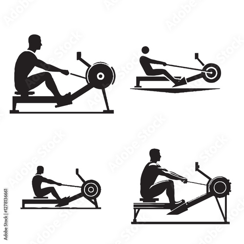 High-Quality Rowing Machine Vector Illustrations Black Silhouette Isolated on White Background"