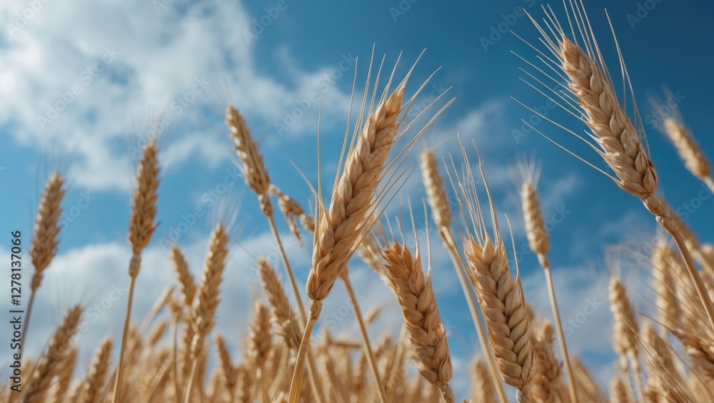 Golden wheat field with blue sky and clouds close-up of wheat plants in agricultural landscape during sunny day Golden wheat field with blue sky and clouds close-up of wheat plants in agricultural landscape during sunny day
