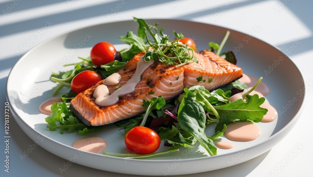 Grilled salmon fillet served on a bed of fresh greens with cherry tomatoes and creamy dressing on a white plate Grilled salmon fillet served on a bed of fresh greens with cherry tomatoes and creamy dressing on a white plate