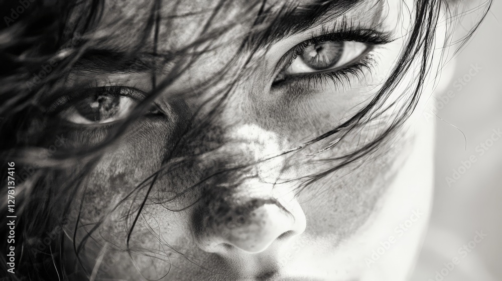 Obraz premium Close up of a woman's eyes, with black and white effects.