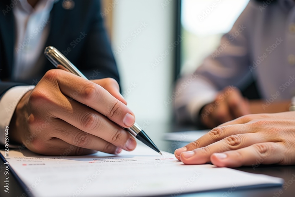 Business Meeting with Two Professionals Collaborating on a Contract, One Male Hand Signing, Close-Up View in Corporate Office Environment Business Meeting with Two Professionals Collaborating on a Contract, One Male Hand Signing, Close-Up View in Corporate Office Environment