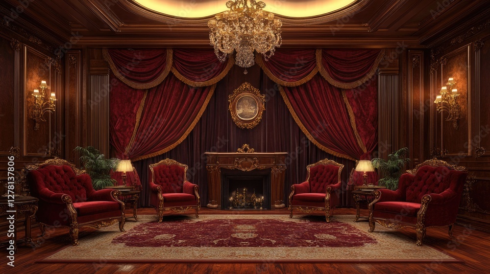 Fototapeta premium Heavy red velvet theater-style curtains framing a dramatic scene in a luxurious home interior.