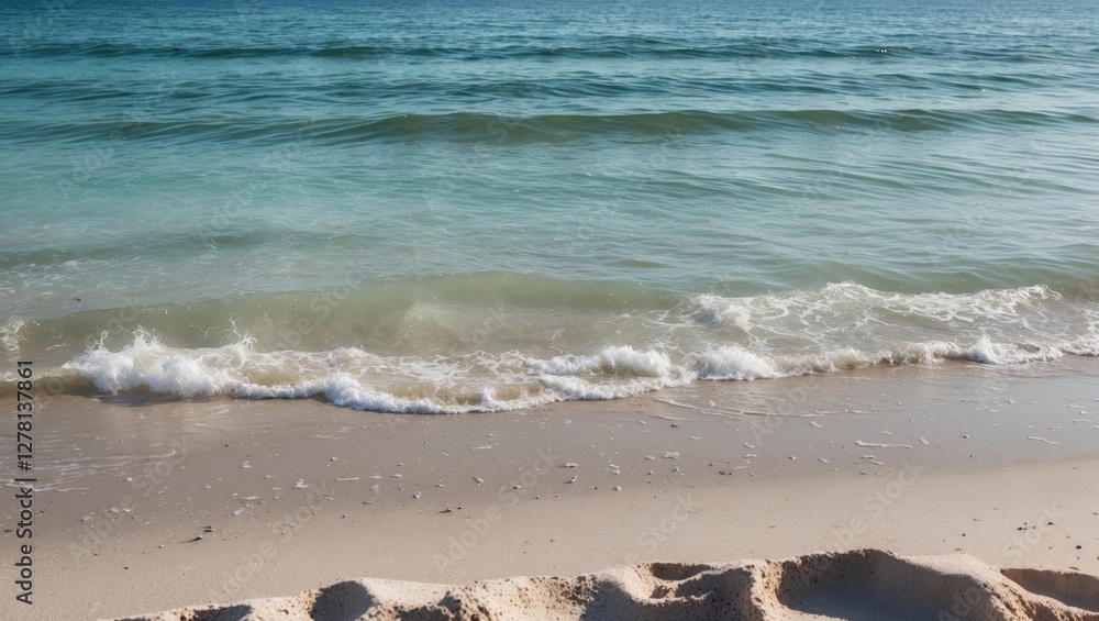 Fototapeta premium Beach shoreline with gentle waves rolling onto sandy shore in bright sunlight, clear turquoise water reflecting the sky.