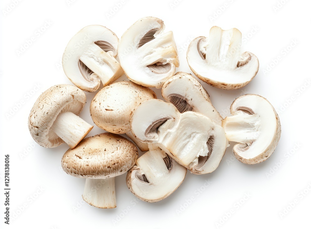 Sliced Mushrooms Isolated on White Background - Fresh and Natural Culinary Ingredient for Cooking and Recipes
