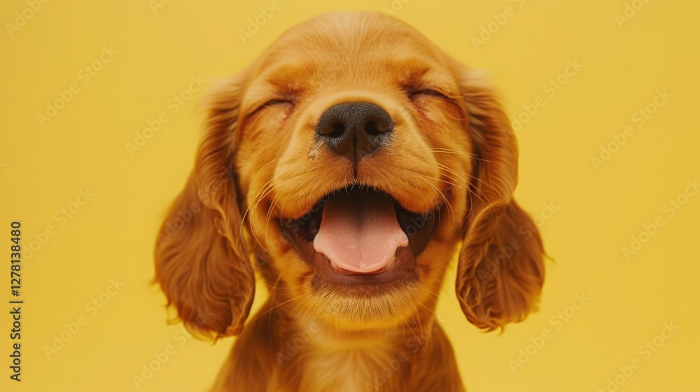 Obraz premium Joyful Puppy Dog Beams With Happiness Against a Vibrant Yellow Background Conveying Pure Delight and Playfulness