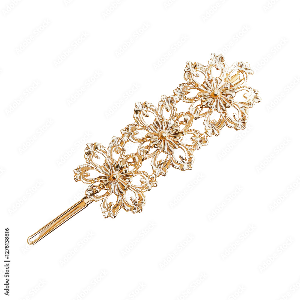 Elegant gold hairpin with floral design, featuring intricate details and sparkling accents. Perfect accessory for special occasions or everyday wear Elegant gold hairpin with floral design, featuring intricate details and sparkling accents. Perfect accessory for special occasions or everyday wear