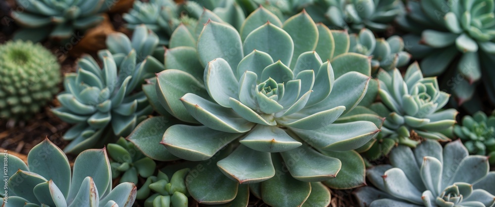 Obraz premium Close-up view of various succulent plants with distinctive green leaves and intricate shapes in a natural setting