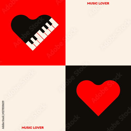 Piano. Musical poster for your design. Music elements design for card, invitation, flyer. Music background vector illustration. Music piano keyboard. Heart. Love poster.