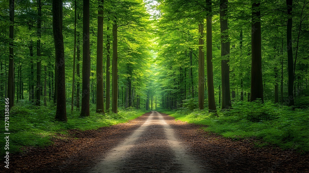 Fototapeta premium Sunlit path through lush green forest (1)