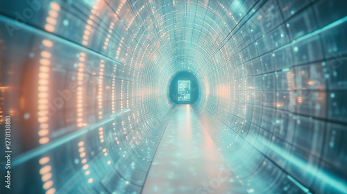 Futuristischer Daten-Tunnel – Künstliche Intelligenz und digitale Netzwerke. Ein strahlender, holografischer Tunnel voller leuchtender Datenströme, der die digitale Zukunft und die Vernetzung von KI.