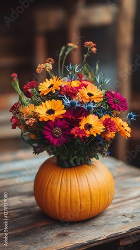 Wallpaper Mural Autumnal flower arrangement in pumpkin vase, rustic wooden table Torontodigital.ca
