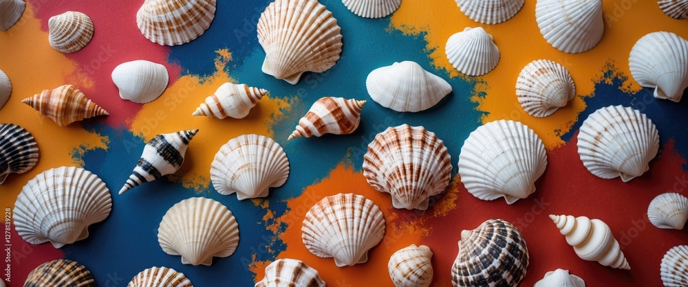 Various seashells arranged on a colorful background of orange and blue hues in an abstract pattern. Various seashells arranged on a colorful background of orange and blue hues in an abstract pattern.