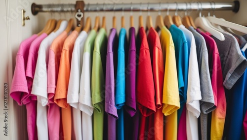 Wallpaper Mural A colorful array of neatly hung t-shirts creates an inviting and organized wardrobe space. Torontodigital.ca