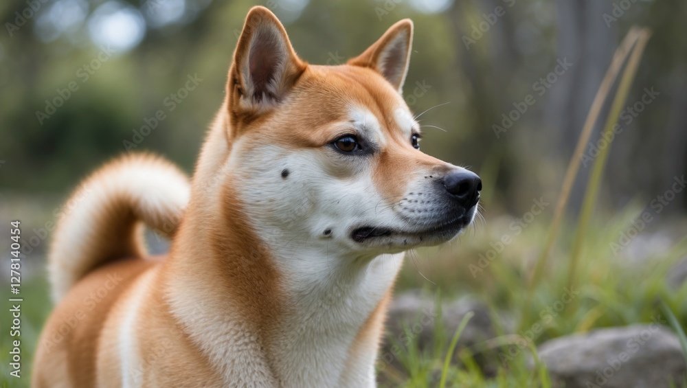 Shiba Inu dog in profile position standing on grass with a blurred natural background during daylight Shiba Inu dog in profile position standing on grass with a blurred natural background during daylight