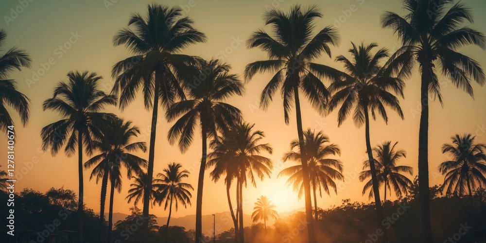 Silhouette of palm trees at sunset with golden hue and mist in the background creating a tropical landscape scene Silhouette of palm trees at sunset with golden hue and mist in the background creating a tropical landscape scene